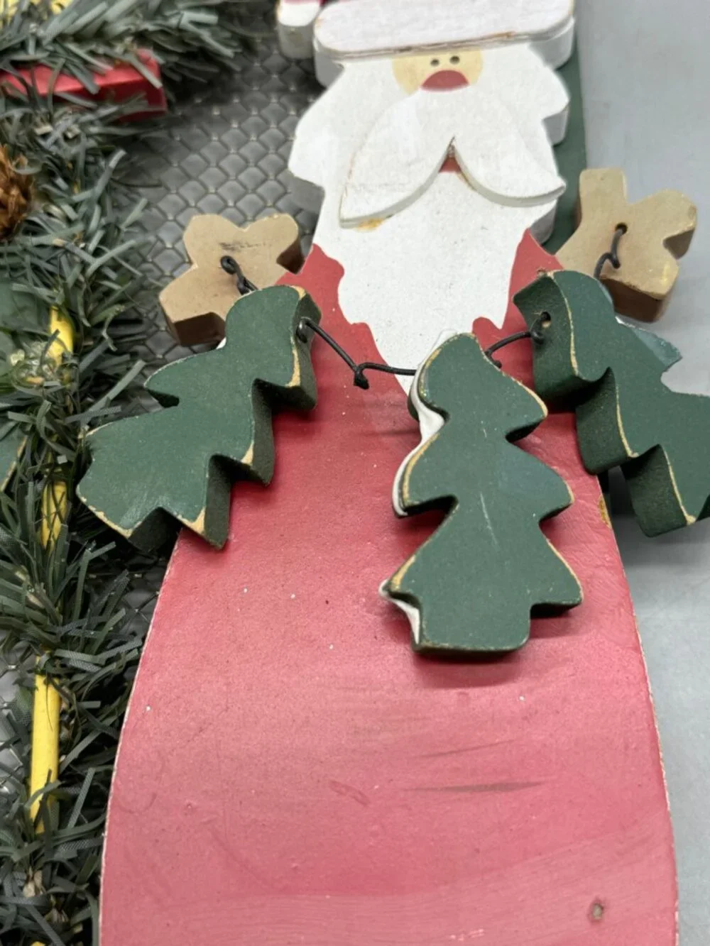 Christmas stocking wall hanging Santa bird house wood metal mess red green READ